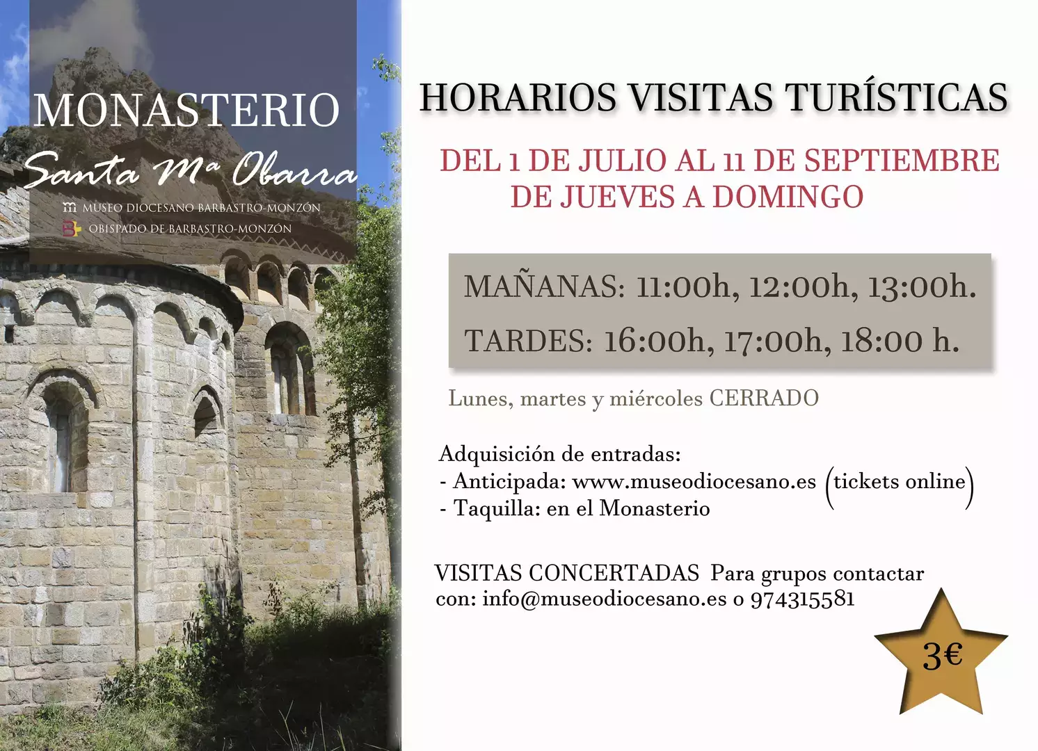 Horarios de las Visitas turísticas al Monasterio de Obarra